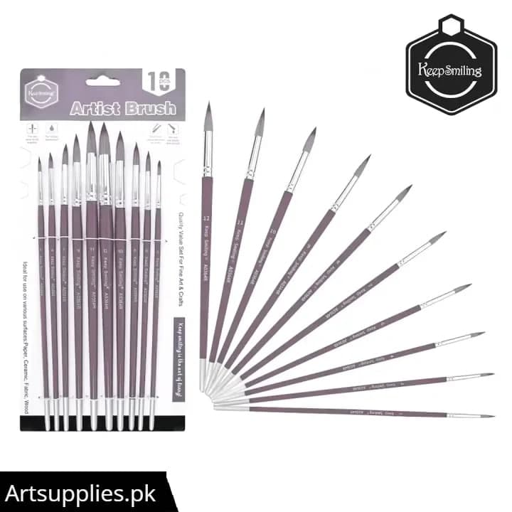 Keep Smiling Long Handle Nylon Hair Round Paint Brushes Set of 10