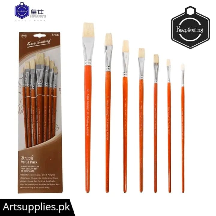Keep Smiling Long Handle Bristle Hair Flat Paint Brushes Set of 7