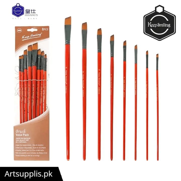 Keep Smiling Long Handle Synthetic Hair Chisel Paint Brushes Set of 8