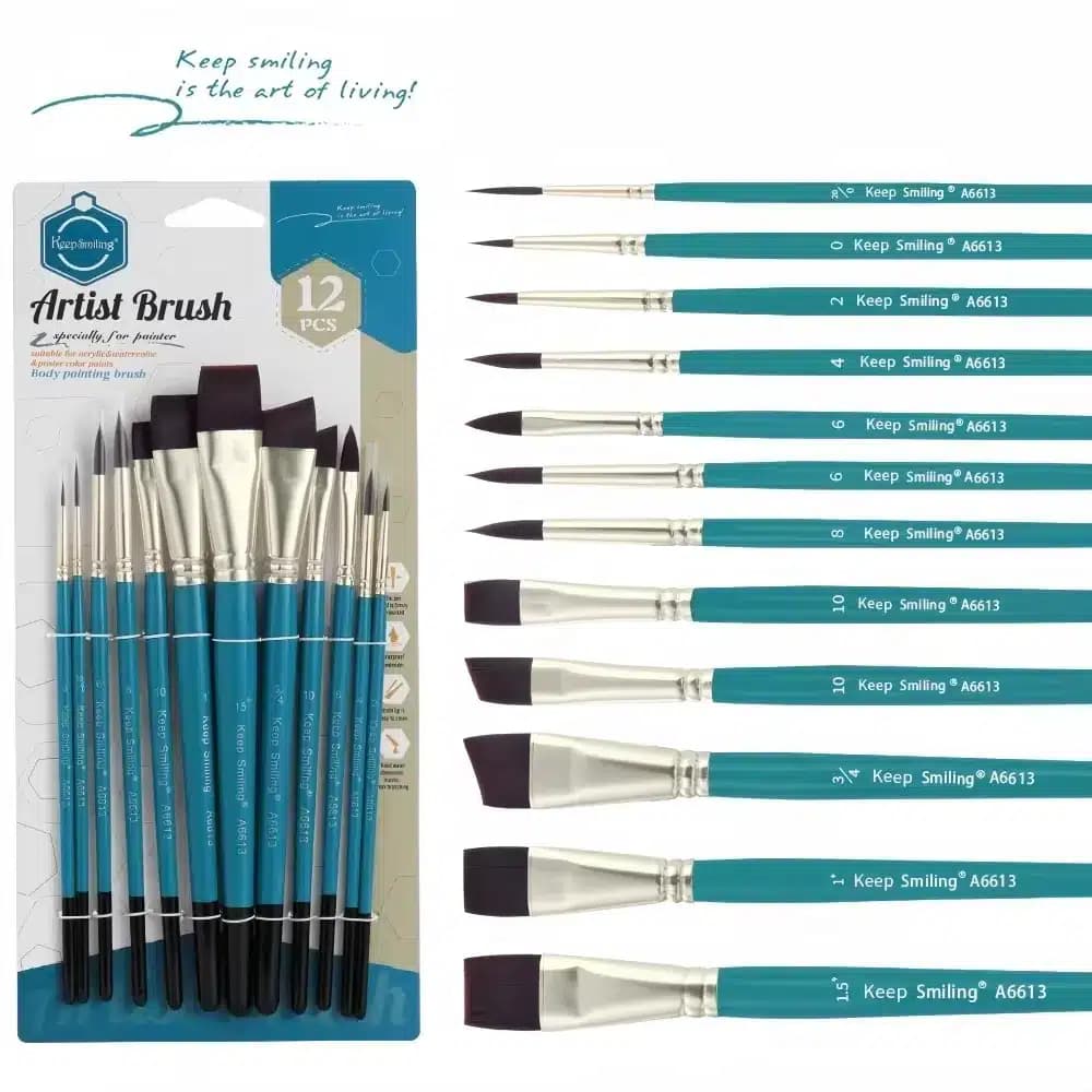 Keep Smiling Nylon Hair Artist Paint Brush Set Of 12
