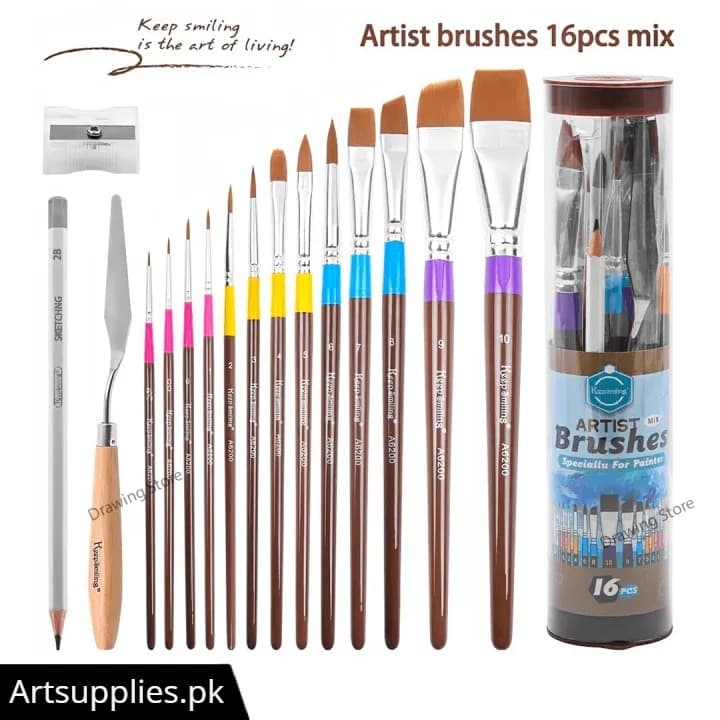 Keep Smiling Nylon Hair Mix Paint Brushes Portable Set Of 16