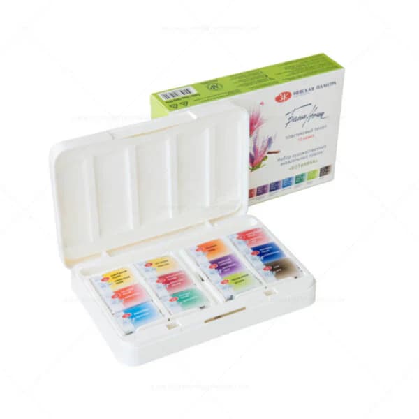 White Nights Artist Watercolor set of 12 Full Pans Botanica Theme Plastic Box